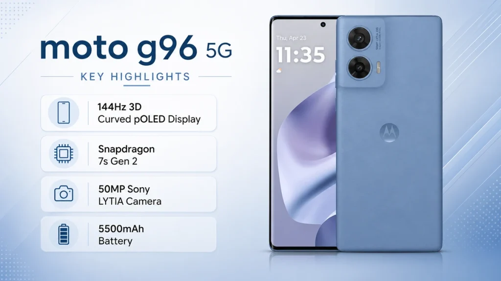 Moto G96 5G smartphone infographic showing 144Hz 3D curved pOLED display, Snapdragon 7s Gen 2, 50MP Sony LYTIA camera and 5500mAh battery