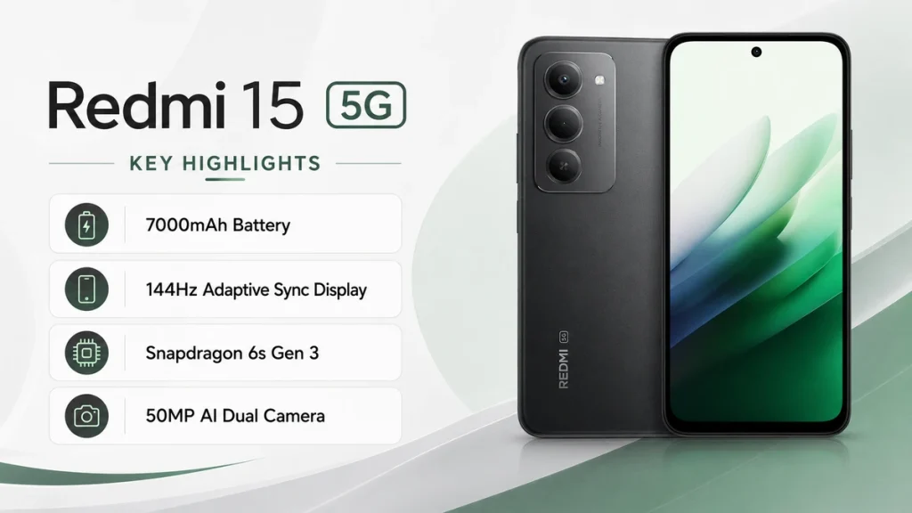 Redmi 15 5G smartphone infographic showing 7000mAh battery, 144Hz Adaptive Sync display, Snapdragon 6s Gen 3 and 50MP AI dual camera