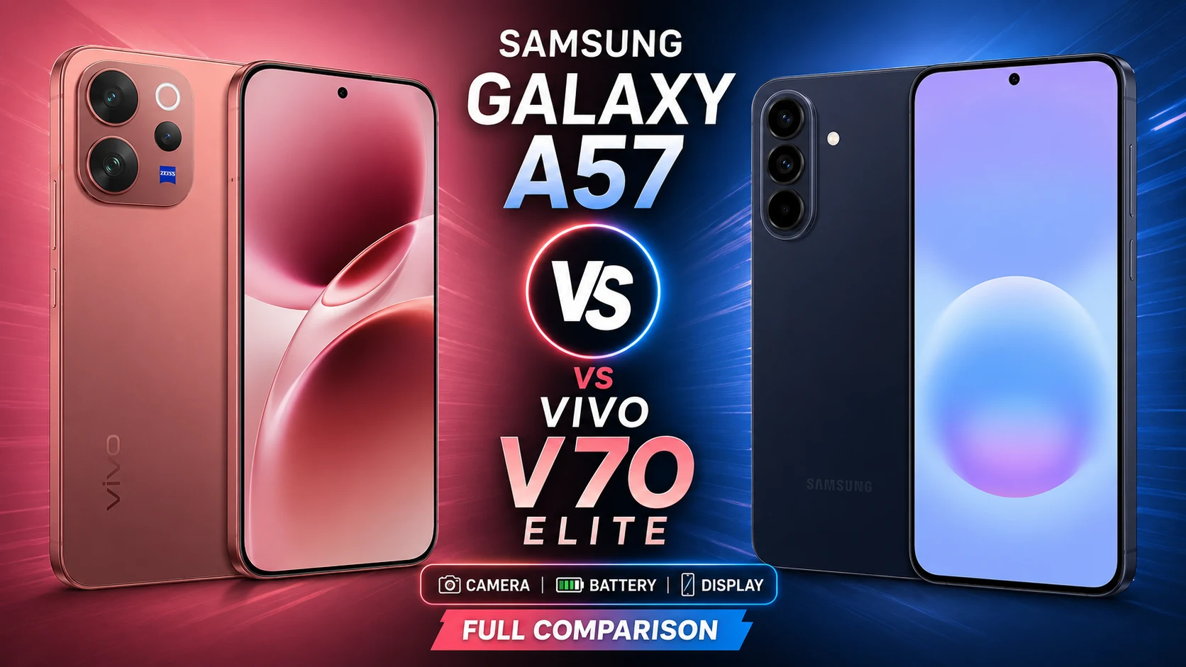 Samsung Galaxy A57 vs Vivo V70 Elite comparison with camera battery and display highlights