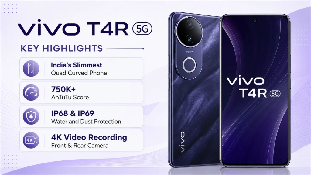 Vivo T4R 5G smartphone infographic showing quad curved phone, 750K+ AnTuTu score, IP68 IP69 rating and 4K video recording