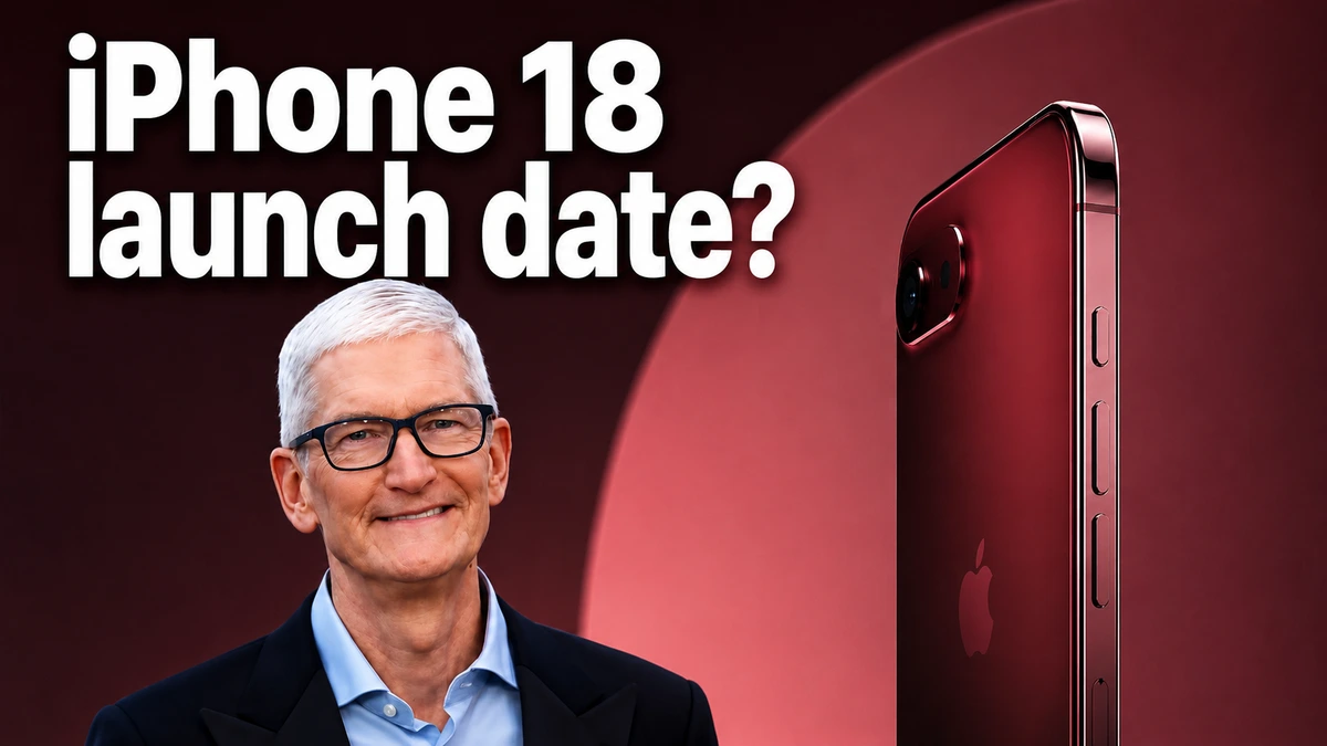 iPhone 18 launch date headline with Apple executive-style portrait and red Apple iPhone side view concept image